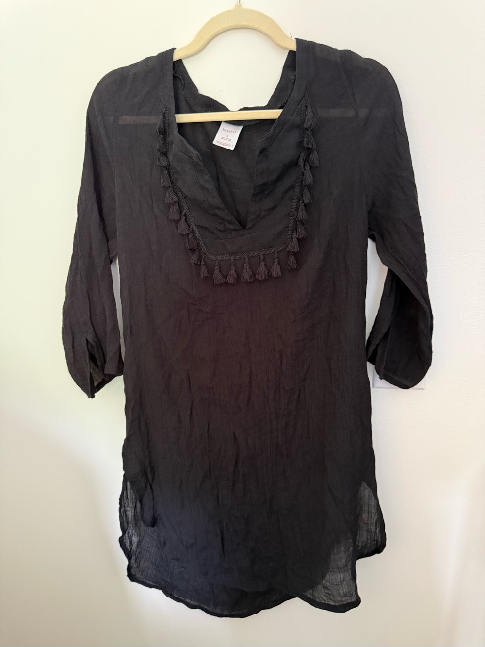 Merona Women’s Boho Crinkly Black Tassel V-Neck Swimsuit Cover Up size M